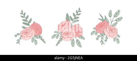 Set of hand drawn bunches of flowers. Vector illustration. Wedding floristry design element Stock Vector
