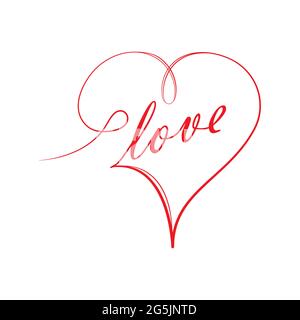 Stylized calligraphic inscription love with a heart in one solid line on a white background, for greetings, postcards and thematic design. Simple styl Stock Vector