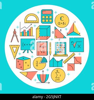 Mathematics round concept banner in colored line style. Vector illustration. Stock Vector