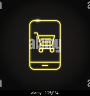Neon mobile shopping icon in line style. Phone with shopping cart symbol. Vector illustration. Stock Vector