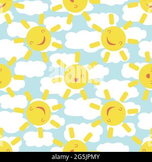 Cute smiling laughing sun kawaii seamless vector pattern background. Cartoon weather icons on cloud textured blue white backdrop. Fun sky repeat for Stock Vector