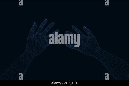 Wireframe of human hands in the first person from blue lines isolated on dark background. 3D. Vector illustration. Stock Vector
