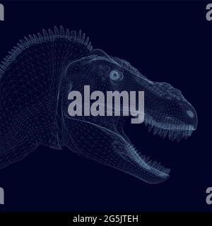 Dinosaur head wireframe from blue lines isolated on dark background. Side view. 3D. Vector illustration. Stock Vector