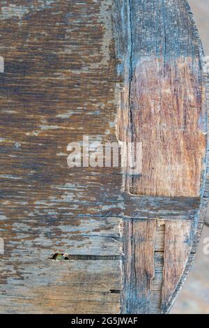 Closeup view. Old rusty plywood material. Peeling paint on plywood. Old wooden material. Stock Photo