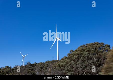 Electricity generating windmill Farms Hume Highway NSW Australia taken from moving car blurred foreground Stock Photo