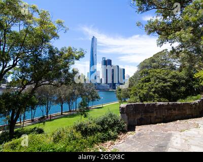 View of Sydney harbour and CDB on a beautiful sunny blue sky clear blue waters boats yachts and ferry residential and commercial buildings Australia Stock Photo