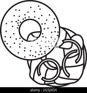 Bagel with creamcheese and lox vector line icon for Have A Bagel Day on December 11. Traditional Jewish Food outline symbol. Stock Vector