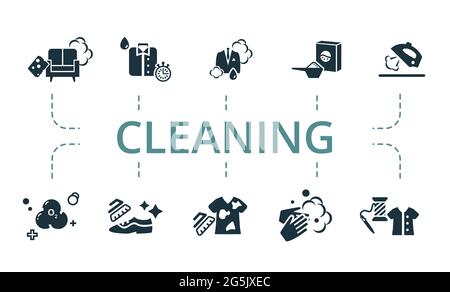 Cleaning icon set. Contains editable icons theme such as furniture cleaning, clothing repair, stan removal and more. Stock Vector
