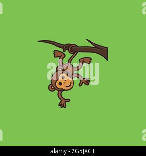 Monkey cartoon character hanging from a branch with his tail vector line  icon for Monkey Day on December 14 Stock Vector Image & Art - Alamy