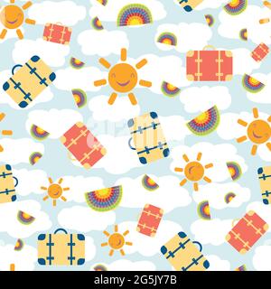 Cute vector travel seamless pattern background with kawaii sun, suitcases, rainbows. Fun repeat with colorful vacation icons on cloud textured Stock Vector