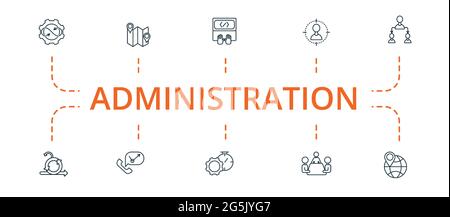 Administration icon set. Contains editable icons theme such as custom code, delegating tasks, optimization method and more. Stock Vector