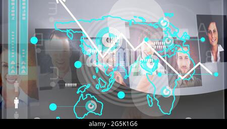 Composition of interactive screen with photos and data processing Stock Photo