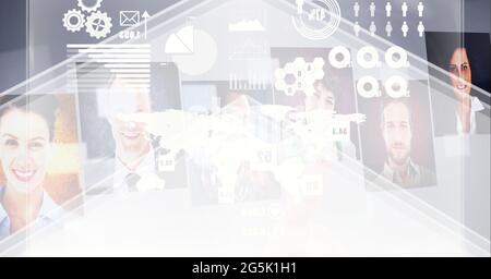 Composition of interactive screen with photos and data processing Stock Photo