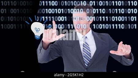 Composition of businessman touching interactive screen with lightbulb and binary coding processing Stock Photo