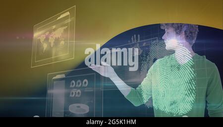 Composition of fingerprint and businessman touching interactive screen with data processing Stock Photo