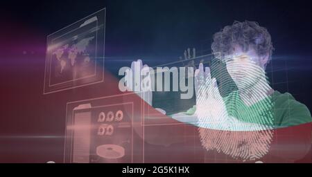 Composition of fingerprint and businessman touching interactive screen with data processing Stock Photo