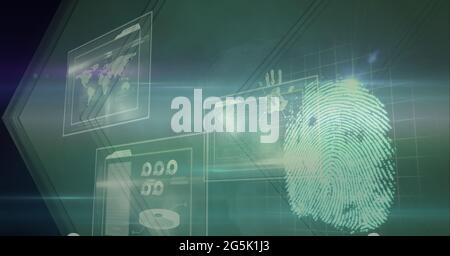 Composition of fingerprint and interactive screen with data processing Stock Photo