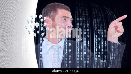 Composition of businessman touching interactive screen with lightbulbs and binary coding processing Stock Photo