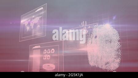 Composition of fingerprint and interactive screen with data processing Stock Photo