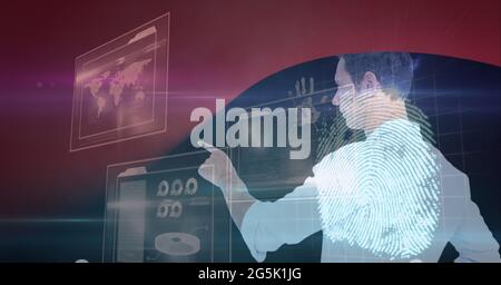 Composition of fingerprint and businessman touching interactive screen with data processing Stock Photo
