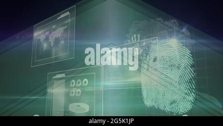 Composition of fingerprint and interactive screen with data processing Stock Photo
