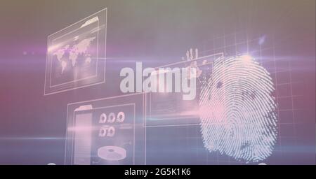Composition of fingerprint and interactive screen with data processing Stock Photo