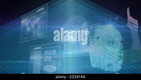 Composition of fingerprint and businessman touching interactive screen with data processing Stock Photo