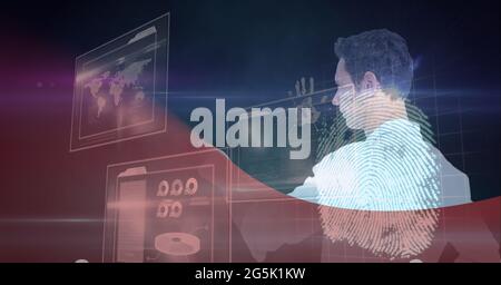 Composition of fingerprint and businessman touching interactive screen with data processing Stock Photo