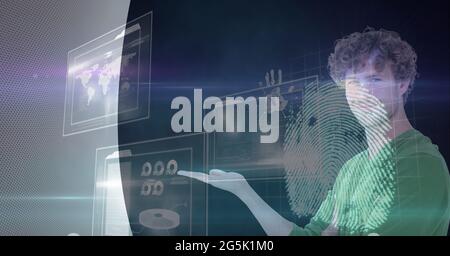 Composition of fingerprint and businessman touching interactive screen with data processing Stock Photo