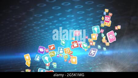 Composition of digital icons over binary coding Stock Photo