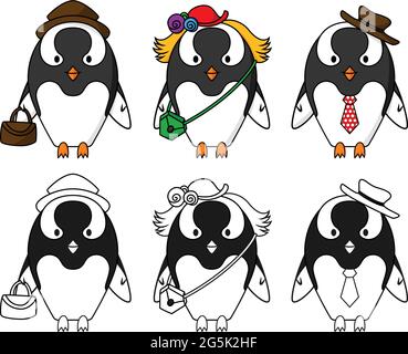 Penguins lady and gentlemen going to work wearing hat , tie and green handbag, purse Stock Vector