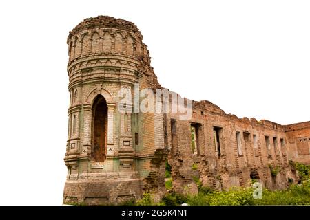 Tower of an old abandoned castle isolated on white background. Earl's ruins. Architecture, brick wall. Ruin. Stock Photo