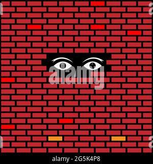 Eyes looking through a hole in a brick wall. Concept for opportunity or freedom and borders. Stock Vector