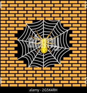 Spider Nesting on Hole brick wall. Vector Illustration on Brick wall background. Stock Vector