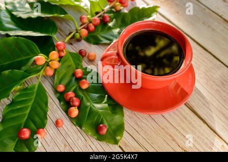Red coffee cup with leaves and coffee seeds on wooden table. Top view. Stock Photo