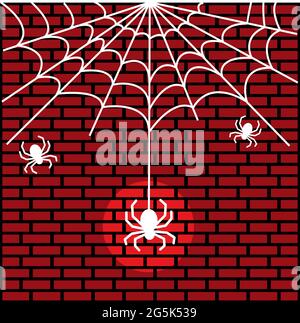 Spider and cobweb. Vector Illustration on Brick wall background. Stock Vector