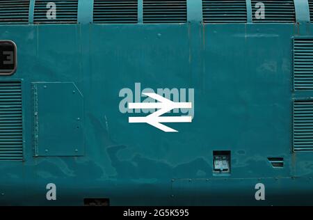 The British rail double arrow logo on a class 37 diesel-electric locomotive. Stock Photo