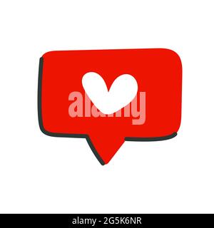 Like icon in flat cartoon style. Heart icon on a red Talk bubble speech. Social media post design. Vector illustration. Stock Vector