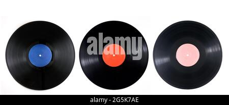 Threee Old black vinyl records isolated on white background. LP vintage music play Stock Photo