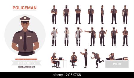 African american black Policeman poses vector illustration set. Cartoon police officer man character working in office or street, cop guard person wearing uniform posing in work isolated on white Stock Vector