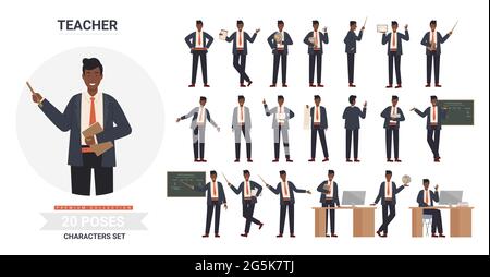 African american black teacher man poses vector illustration set. Cartoon professional male school teacher professor character holding pointer books, standing chalkboard in teaching postures isolated Stock Vector
