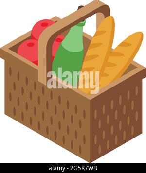 Full picnic basket icon isometric vector. Wicker fruit basket. Traditional straw bag Stock Vector
