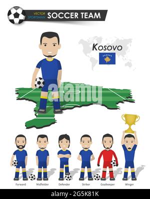 Kosovo national soccer cup team . Football player with sports jersey stand on perspective field country map and world map . Set of footballer position Stock Vector
