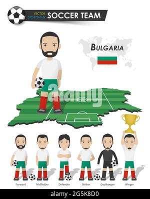 Bulgaria national soccer cup team . Football player with sports jersey stand on perspective field country map and world map . Set of footballer positi Stock Vector