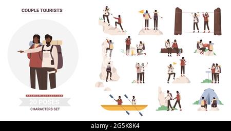 African american black people tourists poses vector illustration set. Cartoon man woman couple travelers hiking, camping, kayaking climbing, young camper enjoy tourism adventures together isolated Stock Vector