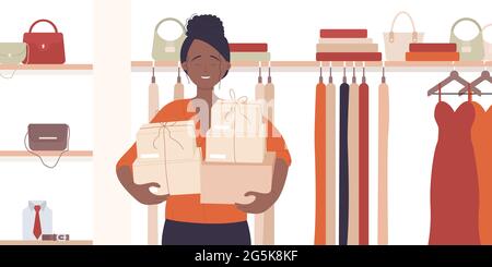 Girl with gift box, happy customer vector illustration. Cartoon young shopaholic woman buyer character holding pile of gift present boxes with ribbon in interior of shopping mall or store background Stock Vector