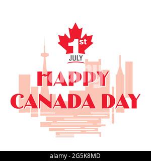 Celebration of happy Canada day on the background of Canada city. lettering of 1st on the maple leaf. Stock Vector