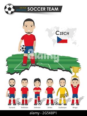 Czech republic national soccer cup team . Football player with sports jersey stand on perspective field country map and world map . Set of footballer Stock Vector