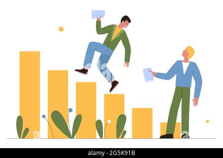 Business analytics, people analyze success strategy vector illustration. Cartoon happy businessman character running growing chart graph report, analyzing growth of financial profit isolated on white Stock Vector