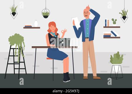 Business people work in office vector illustration. Cartoon young woman manager character showing okay gesture, sitting at table with laptop, businessman boss standing with paper document background Stock Vector